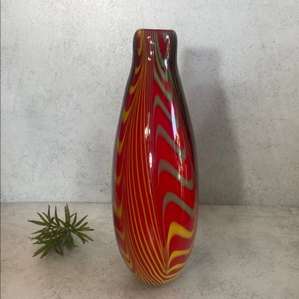 Large Art Glass Vase Red Yellow Swirl Murano Style 13” Statement Decor Heavy